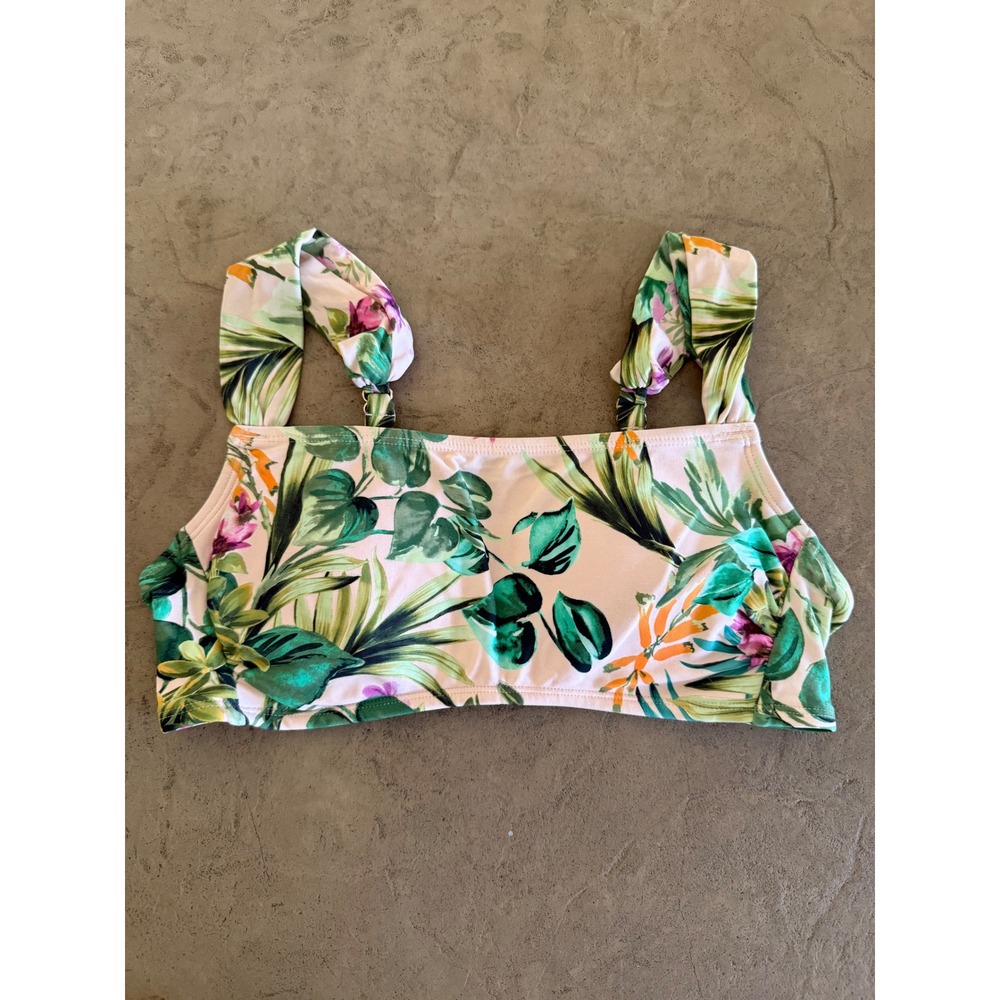 Kona Sol Women Tropical Floral Ruffle Strap Square Neck Bikini Top Green Pink S